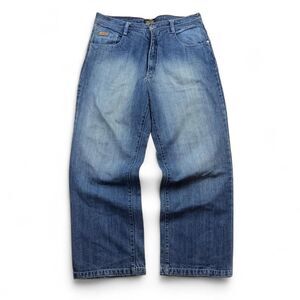 Y2K Avirex Blue Denim Jeans Whiskered Wash Baggy Leg 100% Cotton Size 36x32